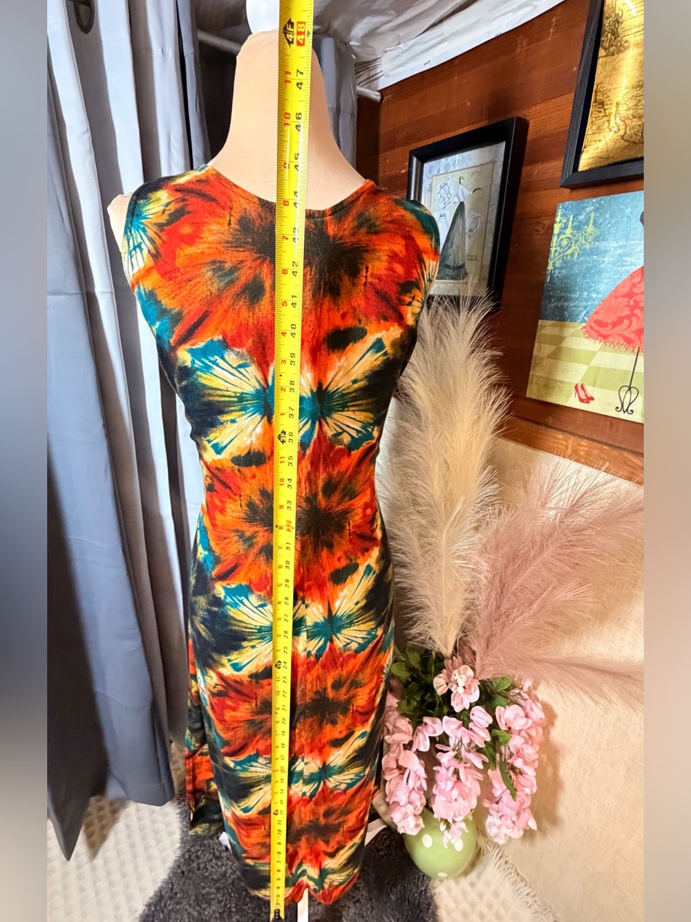 Vintage 100% Rayon Hand Wash Tie Dye Vibrant Orange Red Top Dress - Picture 7 of 8